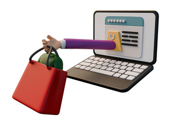 Leinwandbilder - 3d rendering, 3d realistic, online shopping using laptop hands and clothes until they come out 3d rendering transparent background