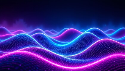 Aufkleber - Abstract glowing grid landscape with blue and purple waves under a dark blue background