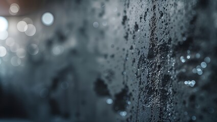 Poster - Close-up of textured wet wall with shimmering droplets in dim light creating an abstract and moody atmosphere