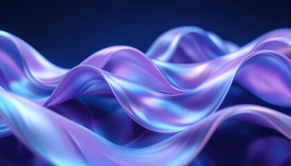 Poster - Abstract waves of iridescent fabric flowing gracefully on a dark blue background in a smooth rendering