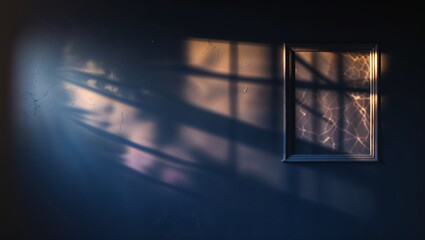 Poster - shadows and reflections play across a dark wall with a window frame during golden hour light