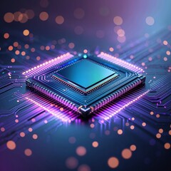Poster - Advanced microchip featuring intricate circuitry with glowing lights in a dark setting