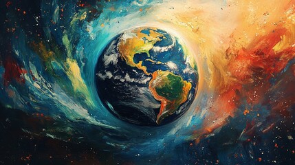 Wall Mural - Stylized painting of Earth surrounded by swirling colors in space artistic representation