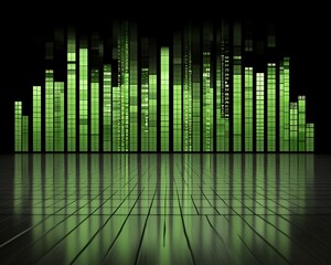 Fototapete - Green vertical bars represent a dynamic data visualization on a surface