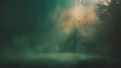 Poster - Mysterious forest scene with fog and light filtering through trees at dawn