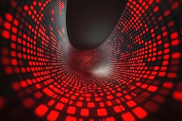 Fototapete - A glowing red data tunnel with many square lights shown