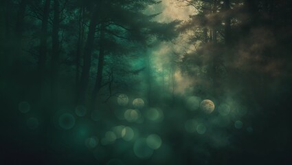 Poster - Mysterious forest illuminated by soft moonlight and ethereal fog creating a captivating nighttime atmosphere