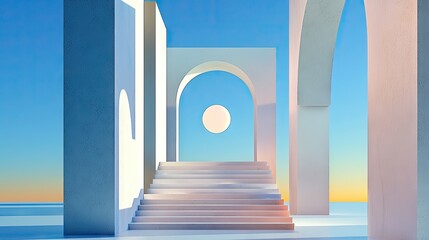 Poster - Harmonious gradient of sky blue and white, a glowing white circle in the center for a serene aesthetic.