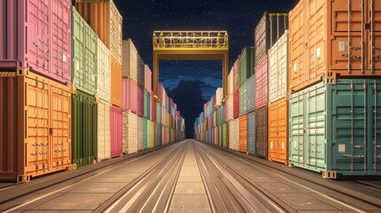 Poster - Holographic blockchain elements connecting shipping containers in a Chinese trade port.