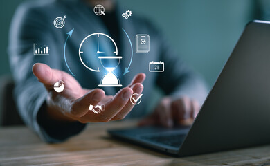 Poster - Time management and productivity tools. Business professional Show icon clock and productivity tools, symbolizing task planning, scheduling, and efficient business workflow solutions.