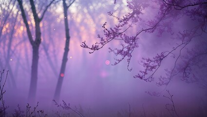Poster - Enchanted forest shrouded in purple mist during twilight hours with soft lights glowing