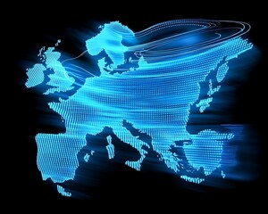 Fototapete - Illuminated glowing map of Europe with bright blue light effects