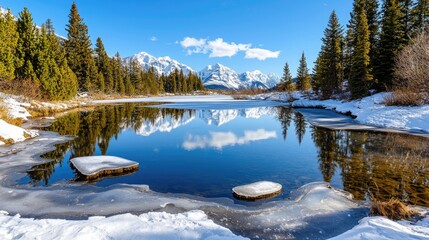 Wall Mural - icy lake reflecting the blue sky, surrounded by snow-laden evergreen trees, winter tranquility.