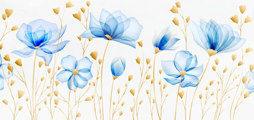 Wall Mural - abstract luxury art background with blue transparent flowers in watercolor style with golden floral 