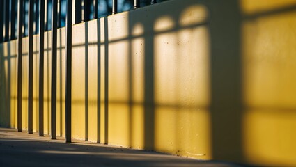 Poster - Shadows cast by vertical bars on a bright yellow wall during late afternoon light