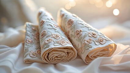 Poster - beautifully embroidered linen rolls arranged on soft fabric in a well-lit room with a warm ambiance