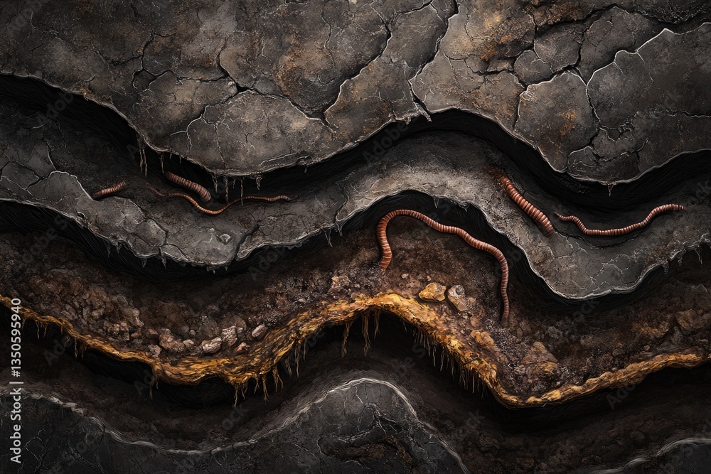 Cross-section view of earth layers showing dark soil, rocks, and ...