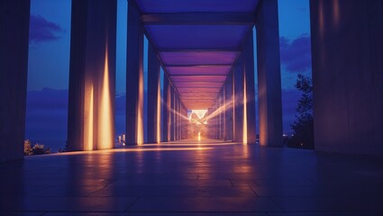 Poster - Light beams illuminate a pathway at dusk in a modern architectural structure