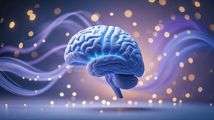 Poster - Unique digital representation of a brain glowing with blue light in a creative abstract background full of shimmering bokeh