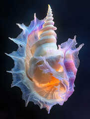 intricate purple and white seashell with glowing orange center against dark background