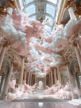 Pink and White Clouds in a Grand Hallway