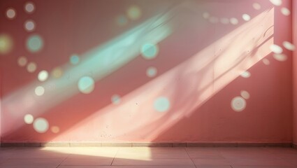 Poster - Soft sunlight filters through a window casting colorful reflections on a pink wall in a serene interior space