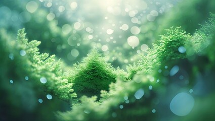 Poster - lush green forest with soft bokeh lights during early morning hours creates a serene natural atmosph