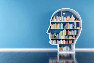 Poster - Creative bookshelf in human head shape filled with colorful books against blue wall.