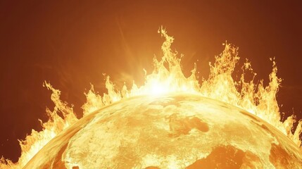 Poster - Bright sun with fiery center surrounded by radiant rays symbolizing energy and power in a clear blue sky