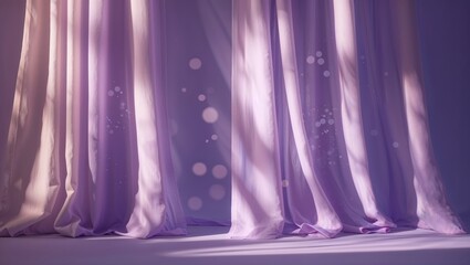 Poster - Soft fabric curtains gently sway in a bright studio, illuminated by warm light during a serene moment of the day