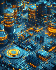 Poster - futuristic city-scape, intricate network of glowing structures and interconnected pathways
