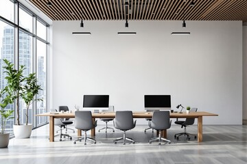 Poster - Modern office interior with wooden table, ergonomic chairs, and computers in a high-rise building.