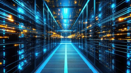 Poster - Digital data center corridor illuminated with glowing blue and yellow light streams, illustrating high-speed data flow and modern computing infrastructure. Ideal for cloud, tech, and AI topics