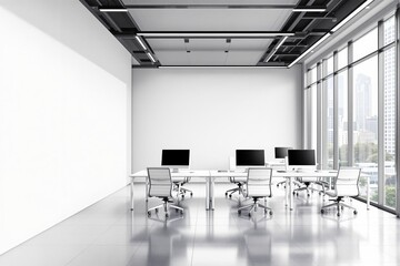 Poster - Modern office interior with minimalist white desks, ergonomic chairs, and large windows overlooking a cityscape. Contemporary workspace design.