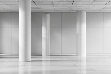 Poster - Minimalist modern architecture with white cylindrical columns in a spacious interior.