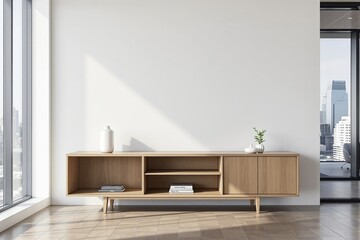 Aufkleber - Modern wooden sideboard against white wall in bright interior.