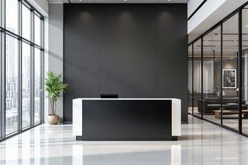 Poster - modern reception desk in luxury office lobby with minimalist black and white design.