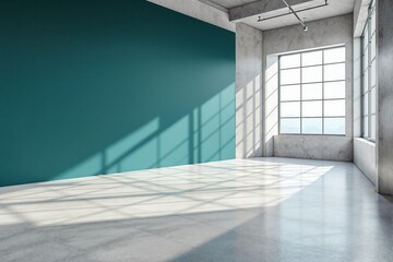 Aufkleber - Modern empty interior with teal accent wall and large windows.