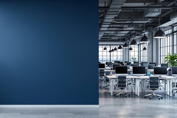 Poster - Modern open-plan office with blue accent wall.