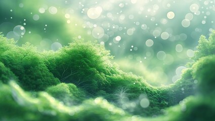 Poster - Lush green forest landscape illuminated by soft sunlight with ethereal mist and bokeh effects in the early morning