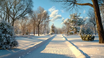 Wall Mural - snow-covered landscape glowing under soft winter light, creating an enchanting winter wonderland.
