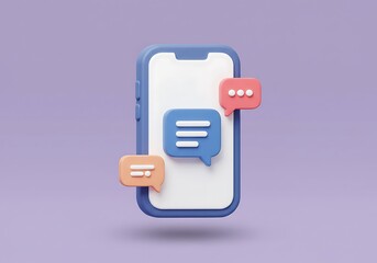 Wall Mural -  A 3D icon of a phone with a message pop-up or push notification on the screen