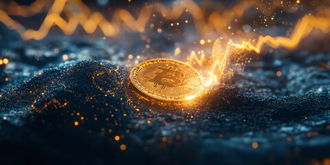 Poster - Golden Bitcoin Coin Resting on Textured Surface With Glowing Price Trend in the Background