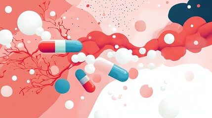 Poster - Abstract Representation of Pharmaceutical Capsules Swirling in a Colorful, Dynamic Background With Bold Colors and Shapes