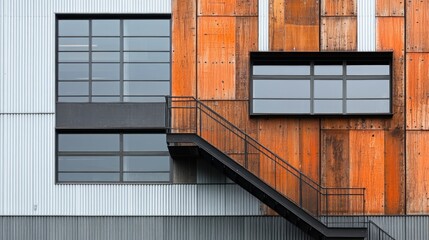 Poster - Modern building exterior with metal stairs, corrugated metal siding, and large windows.