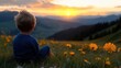 © Kaminashi Nozomi - Child contemplating a sunset over mountain meadow.  A young boy sits amidst wildflowers, gazing at a breathtaking sunset over a mountain range.