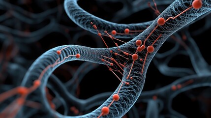 Fototapete - Abstract Fusion of DNA Strands with Circuit Lines in Dark Background
