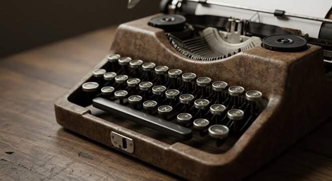 Vintage typewriter on wooden desk, perfect for retro writing concepts and nostalgic office settings.