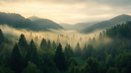  Misty Sunrise Over a Lush Green Forest Valley