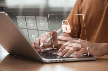 Poster - Cybersecurity and Data Protection Concept. Digital privacy and blockchain security. Secure login interface, encryption, and online defense against cyber threats for businesses and individuals.